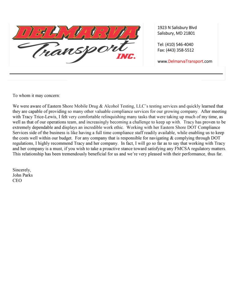 Delmarva Transport letter of recommendation to Eastern shore Mobile