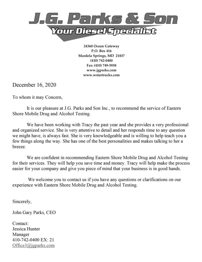 J G Parks and Son Recommendation letter