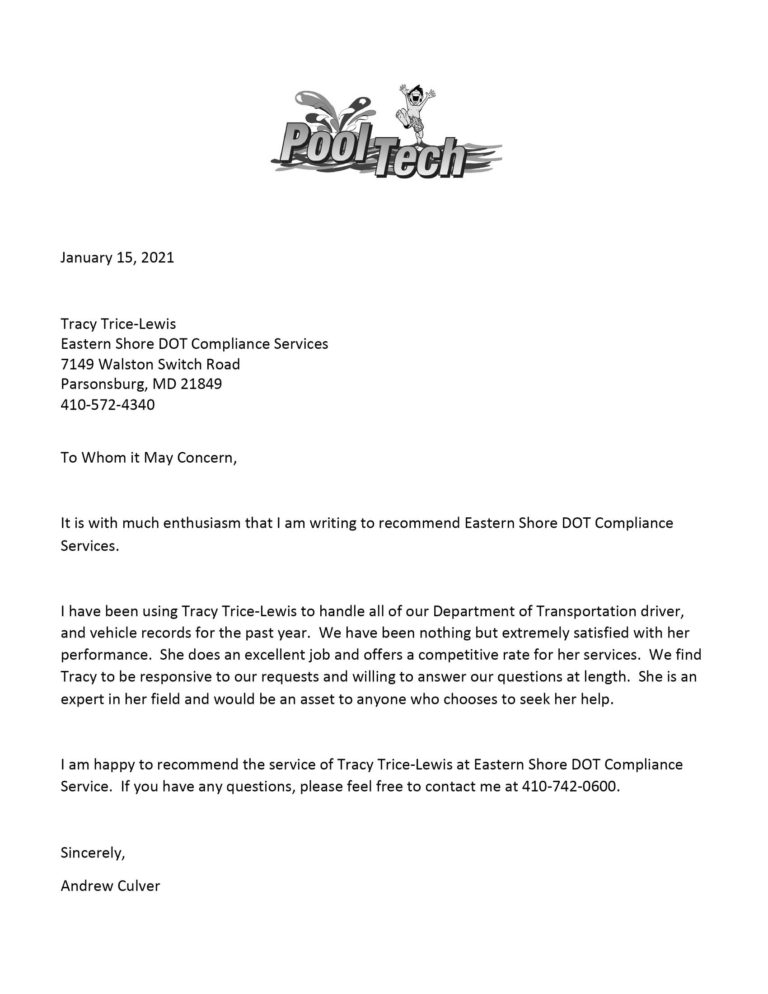 Pooltech Recommendation letter